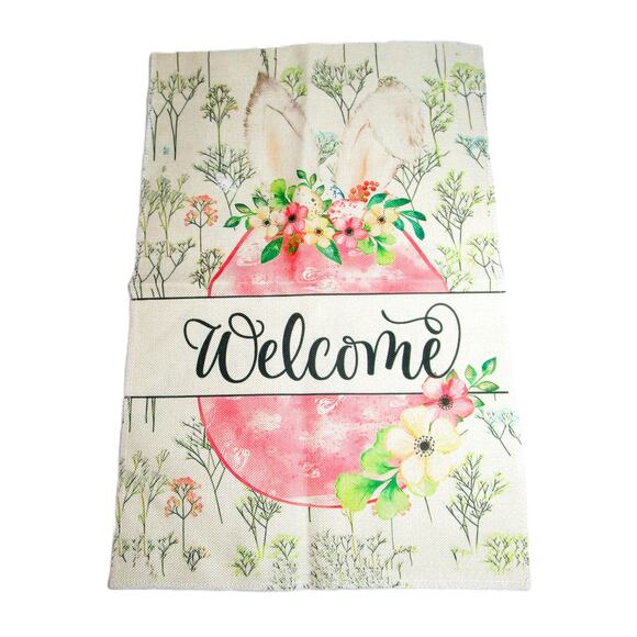 Easter Welcome Garden Flag Pink and White Flowers Burlap Double Sided 11x17 ins - Picture 1 of 1